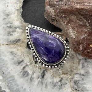 Sterling Silver Southwestern Style Teardrop Charoite Ring Size 8.5 For Women